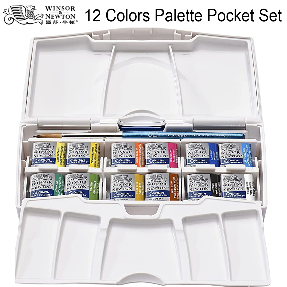 Winsor & Newton-12 색 Cotman 솔리드 수채화 안료, 고급 휴대용 세트 12 개 하프 팬 브러쉬 펜